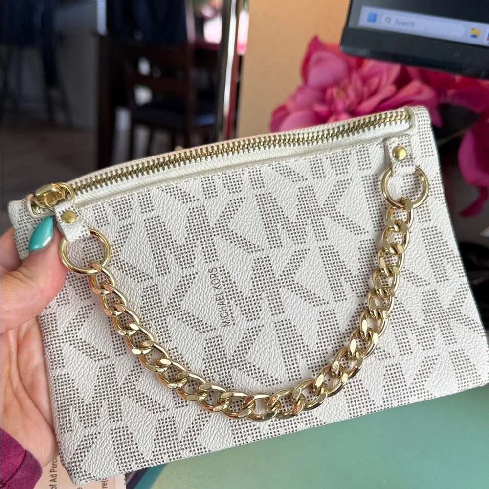 Michael Kors Cream Clutch with Gold Chain wristlet zipper pouch purse white - Picture 2 of 5